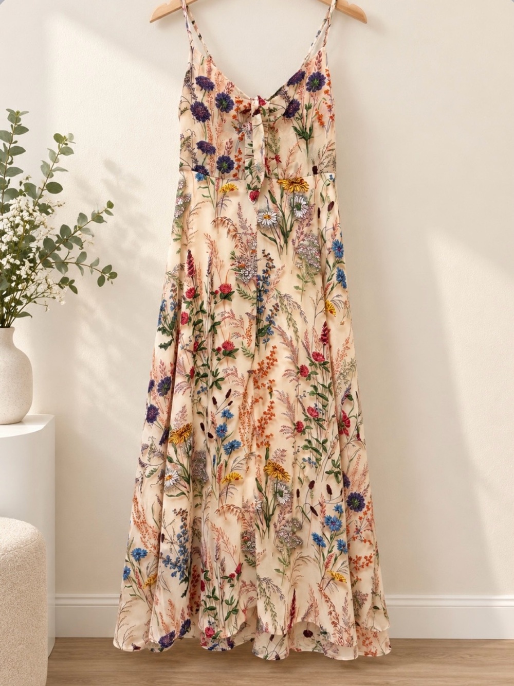 SHEIN Cream Floral Tie-Front Spaghetti Strap Maxi Dress